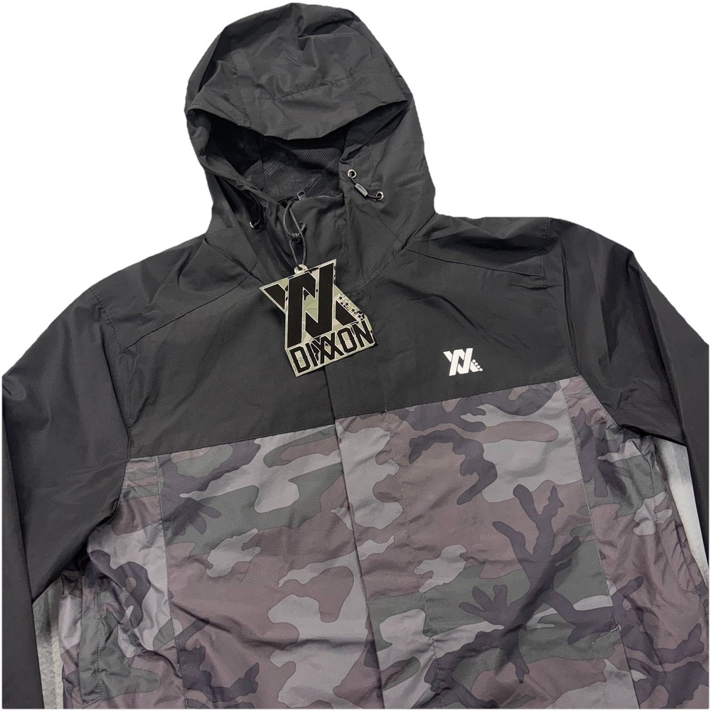 Dixxon Flannel Tech Windbreaker Jacket Mens L Black & Camoflague Hooded NWT